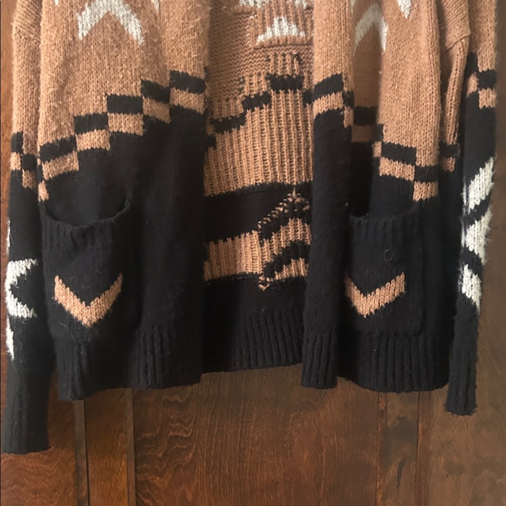 360 Cashmere Tan, Black & White Patterned Open-Front Cardigan - Picture 2 of 9